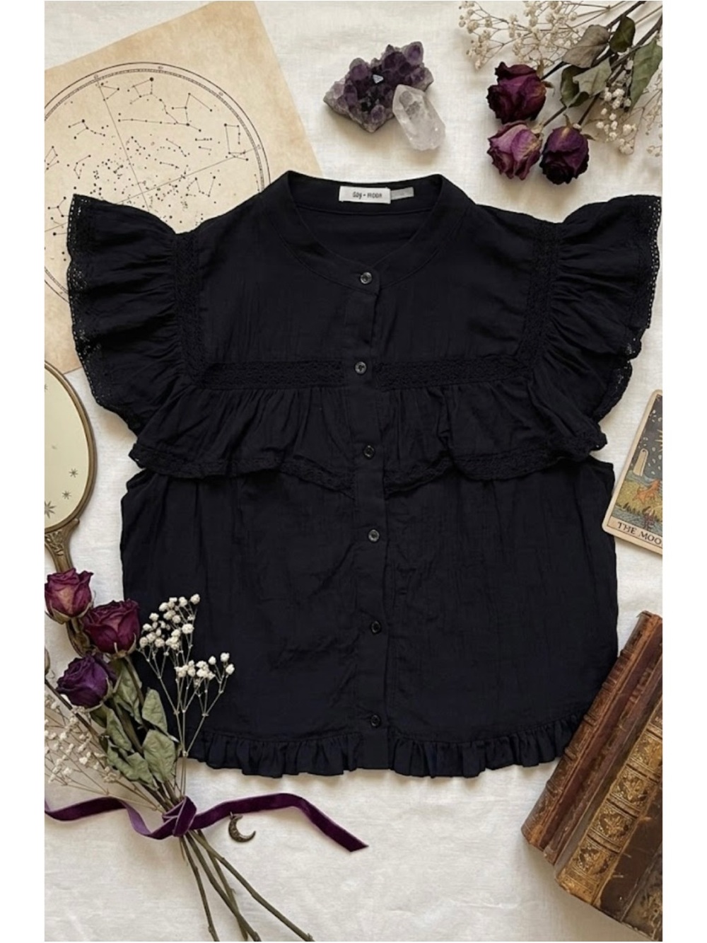 Day + Moon Button Up Flutter Sleeve Ruffle Whimsigoth Top Crochet Detailing - Picture 2 of 15